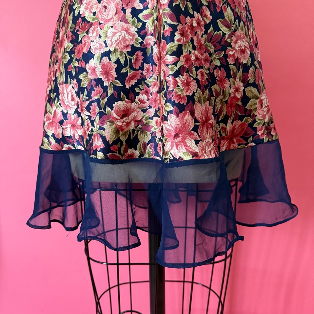 Vintage 80s 90s Coquette Rosette Floral Slip Dress Navy Ruffle Mini Slip Dress S - Picture 13 of 15
